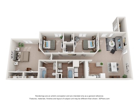 Floor plan for 3 beds, 2 baths, 1270 sqft